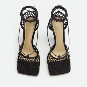Bottega Stretch Lace-Up Mesh Heeled Sandals in Black Size 39.5 NEW